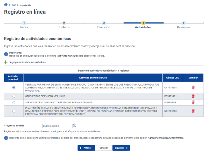 Pantalla Registro de actividades económicas del SRI con cuatro actividades, sus códigos CIIU y el campo Ingresos anuales