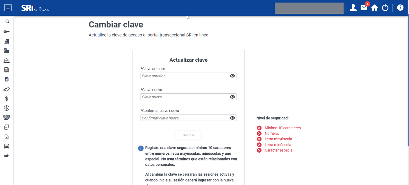 Pantalla Cambiar clave de SRI en línea con los requisitos de seguridad de la contraseña