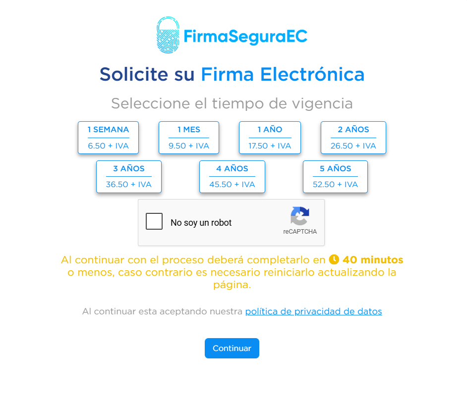 Página de solicitud de firma electrónica de FirmaSeguraEC con las vigencias disponibles y sus precios