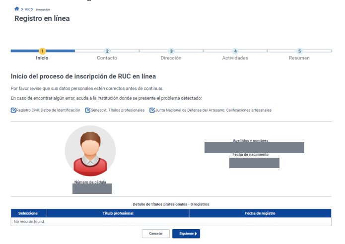 Pantalla Registro en línea del SRI, paso Inicio del proceso de inscripción de RUC con los datos traídos del Registro Civil