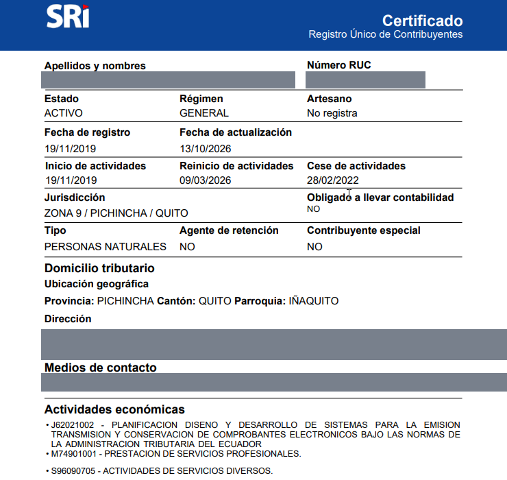 Certificado de RUC en PDF emitido por el SRI con estado, régimen, actividades económicas y domicilio tributario